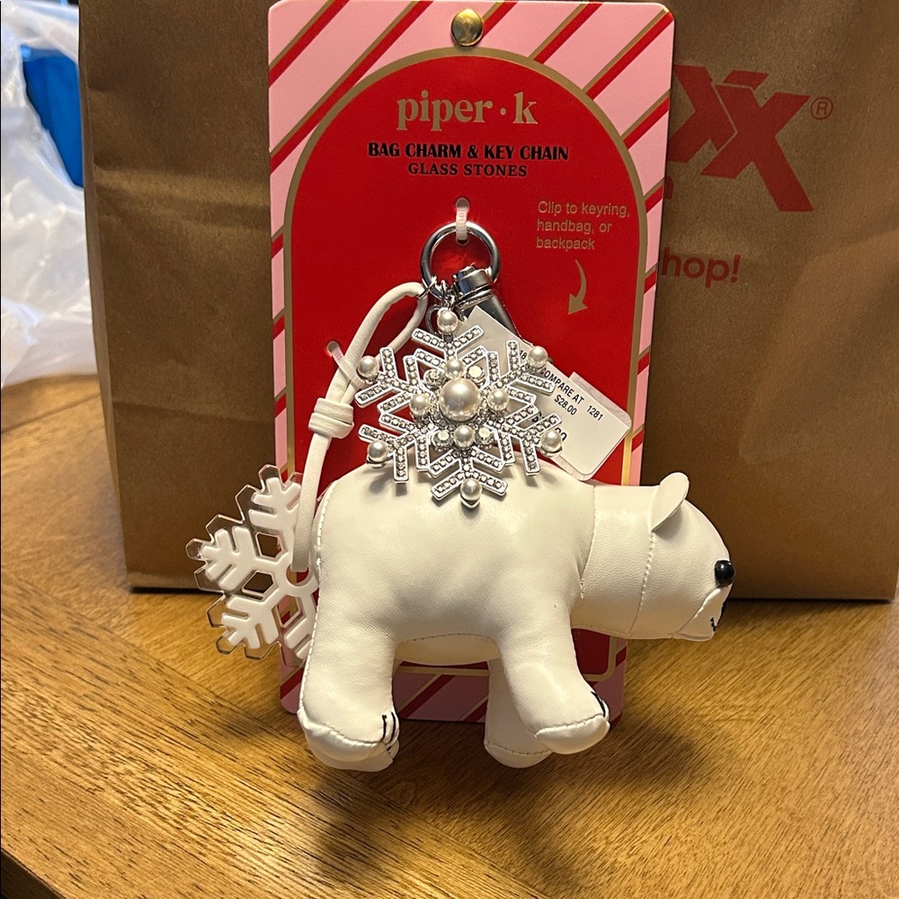 Piper K White Bear Keychain with Snowflake Charm